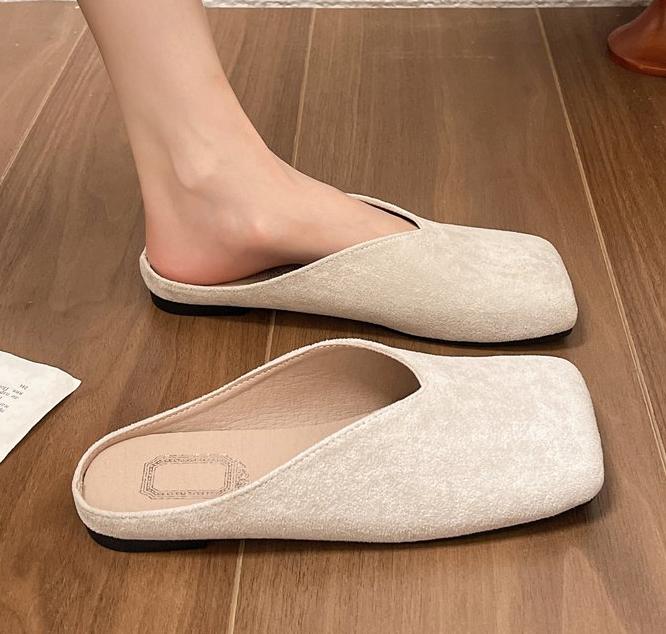 Fashion New Women Mules Summer Elegant Square Closed Toe Flat Slippers Female Shoes Casual Leather Black White Slides Plus Size 35-42