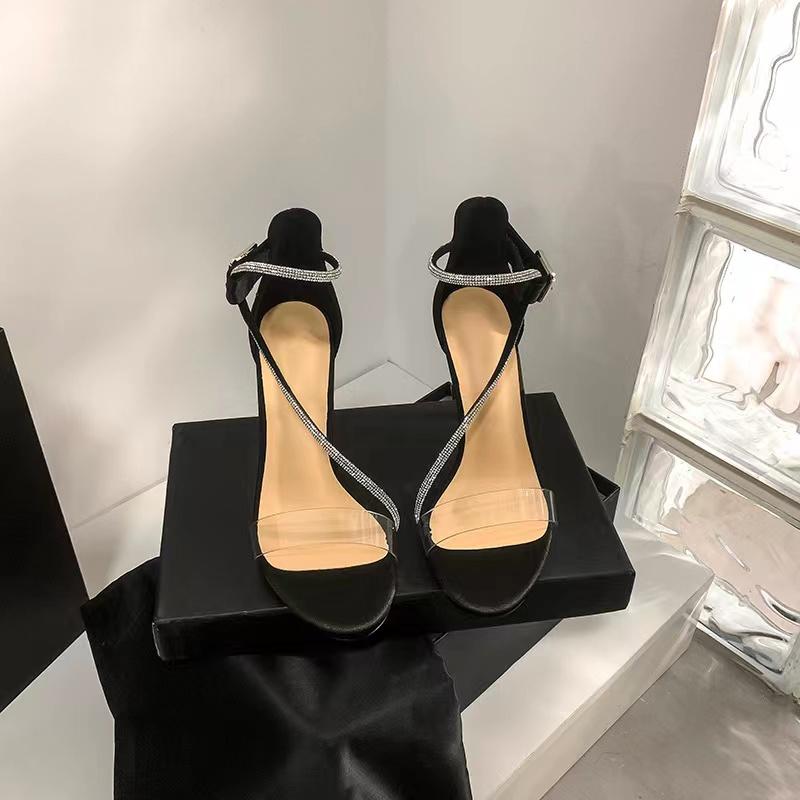 Fashion 2024 New Women's Sandals One-row Transparent Pure Desire Sexy  Niche Fashion Elegant High Heels Fine Heels Rubber Upper
