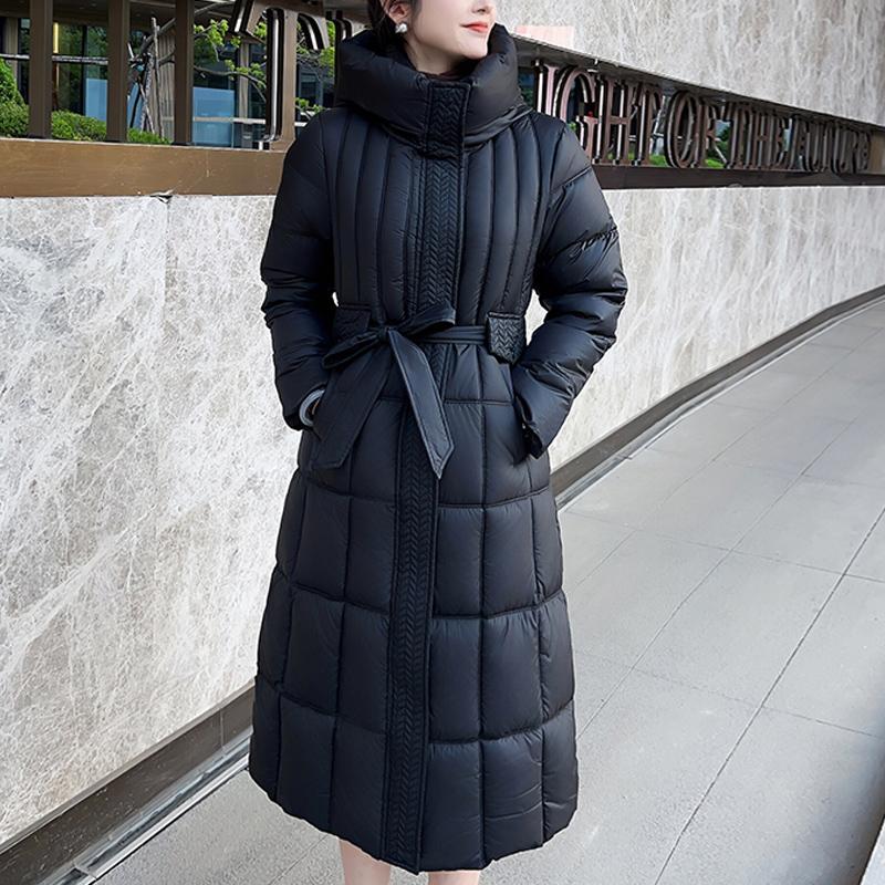 

Мода больших размеров L-7XL Женские зимние пальто Длинные парки с капюшоном и поясом Свободные Толстые Женские куртки 7XL чёрный