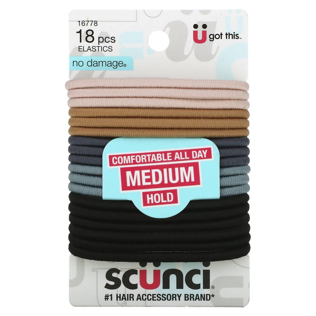 Scunci Damage-free Elastic, All-day Comfort, Medium Hold, Neutral Tone, 18 Pieces