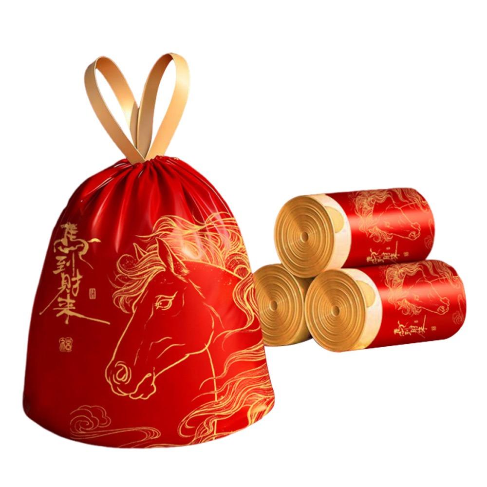 Year of the Horse Print Drawstring Garbage Bags Thickened Chinese Red Garbage Bags Tear Free Enlarged Disposable Trash Bags