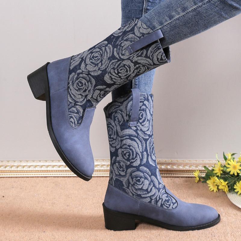 Large Size Retro Printed Women's Boots, Autumn and Winter New Fashionable Splicing Thick Heel Knight Boots Fashion Boots