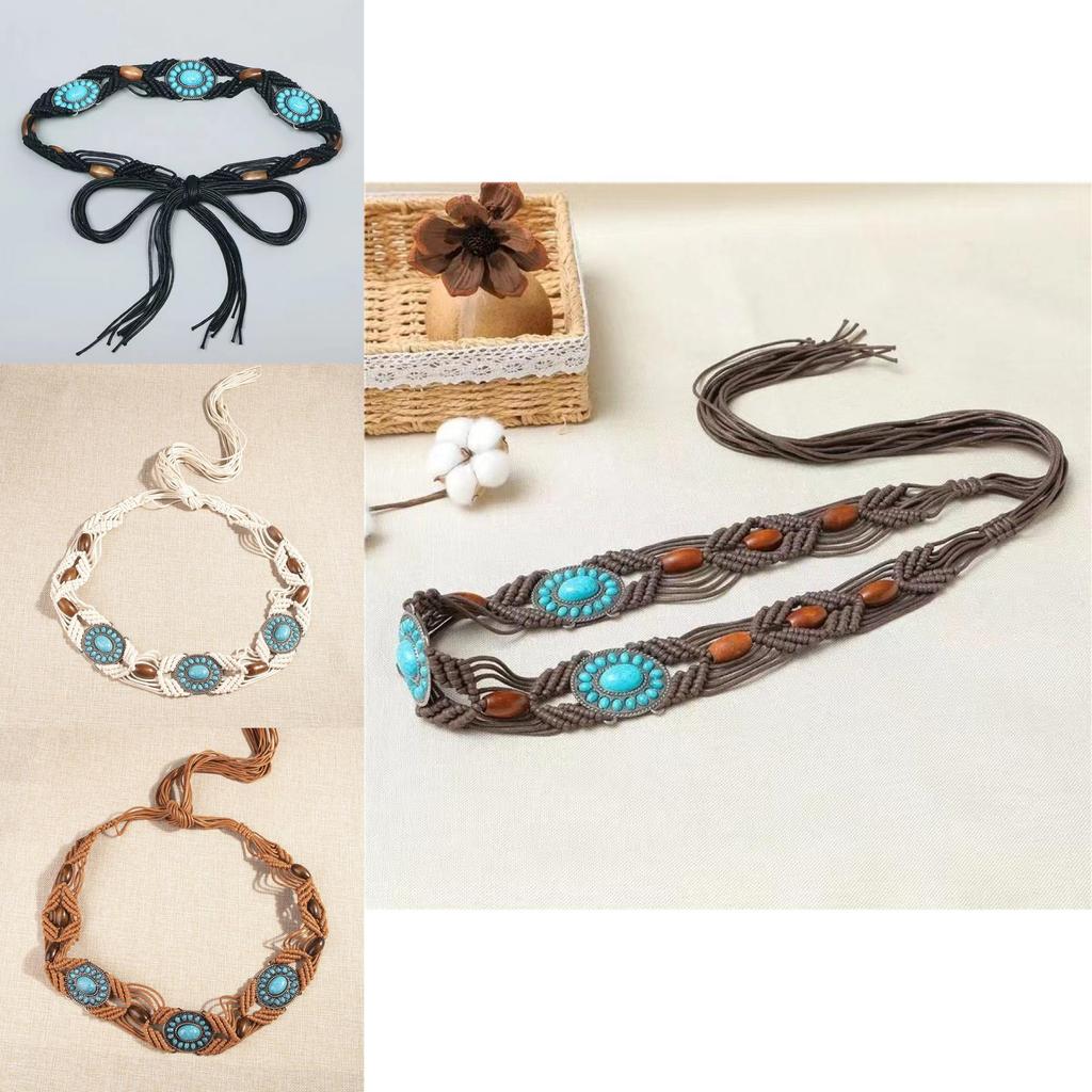 Ethnic Bohemian Leather Waist Rope With Turquoise Resin Beads For Women