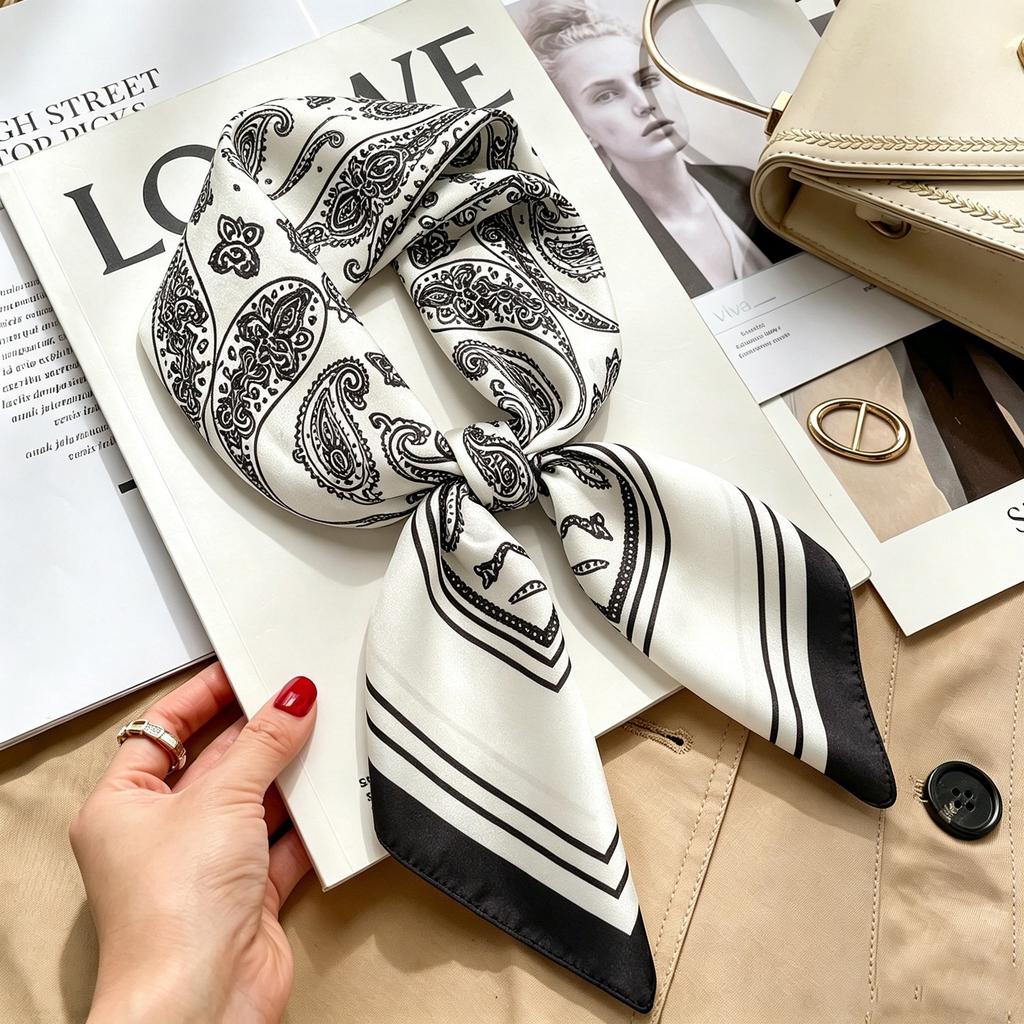 Autumn and winter Maillard cashew square scarf silk scarf women's shirt versatile neck small scarf tied hair decorative scarf