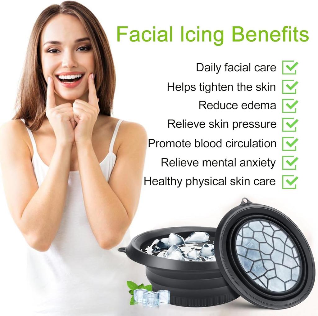 Glivary Face Bowl for Ice with Built-in Icetray, Portable Foldable Silicone Ice Facial Bowl, for Home Ice Bath Facial, Black