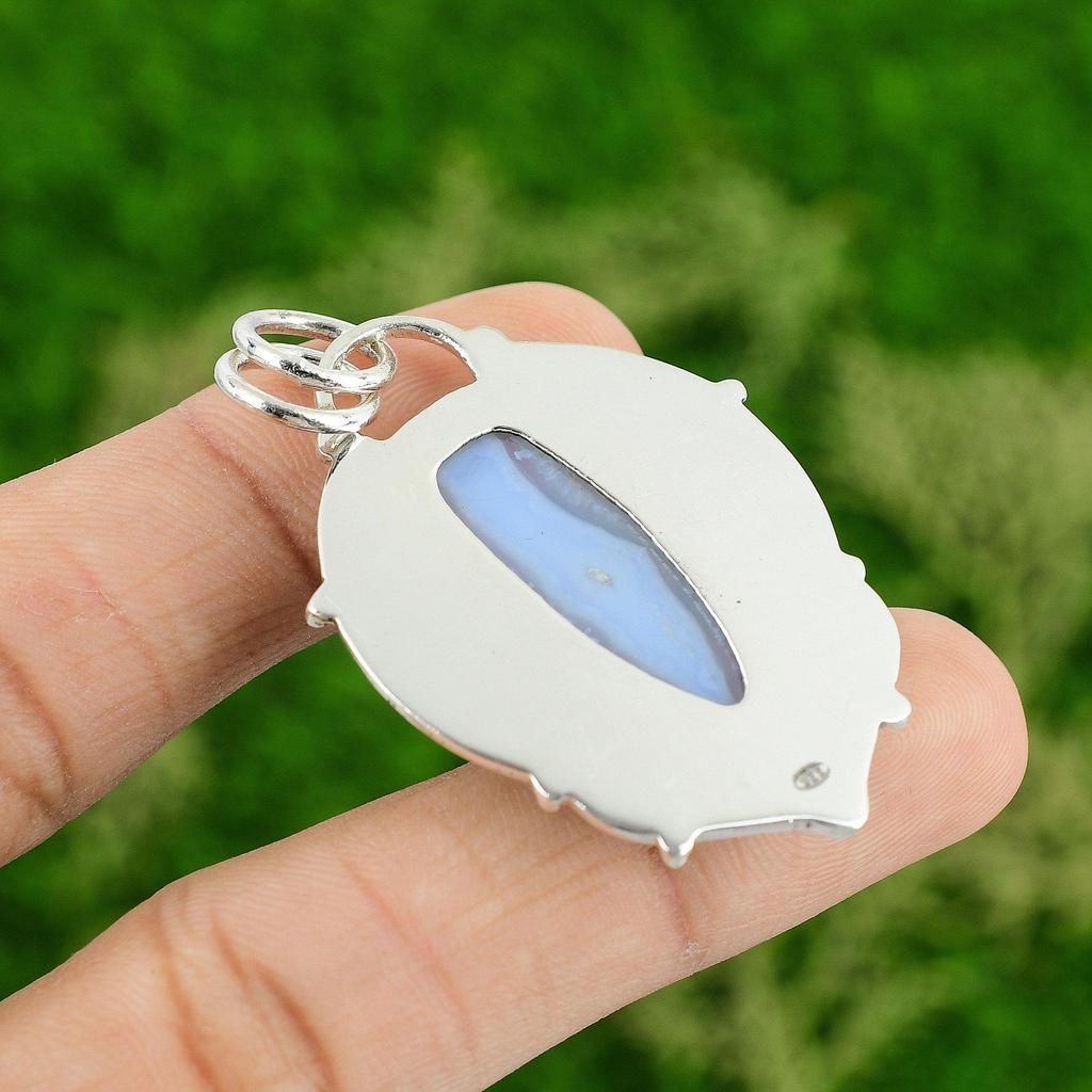 Daughters Day Deal Oval Blue Lace Agate Stone 925 Silver Elegant Wedding Pendant