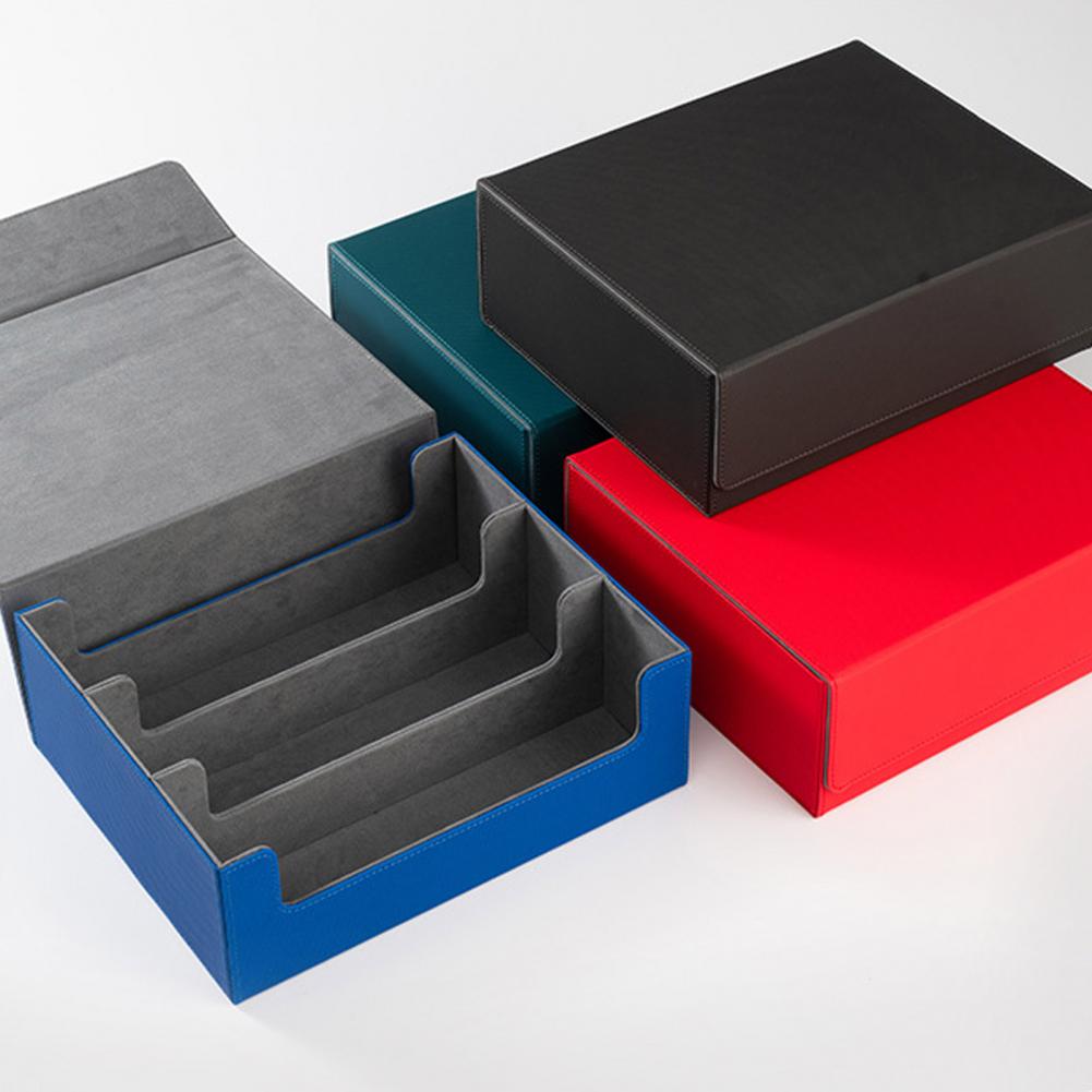 Card Storage Box Faux Leather Magnetic Closure 3-Row Trading Card Organizer Compartments Drawer With Card Dividers Dice Tray