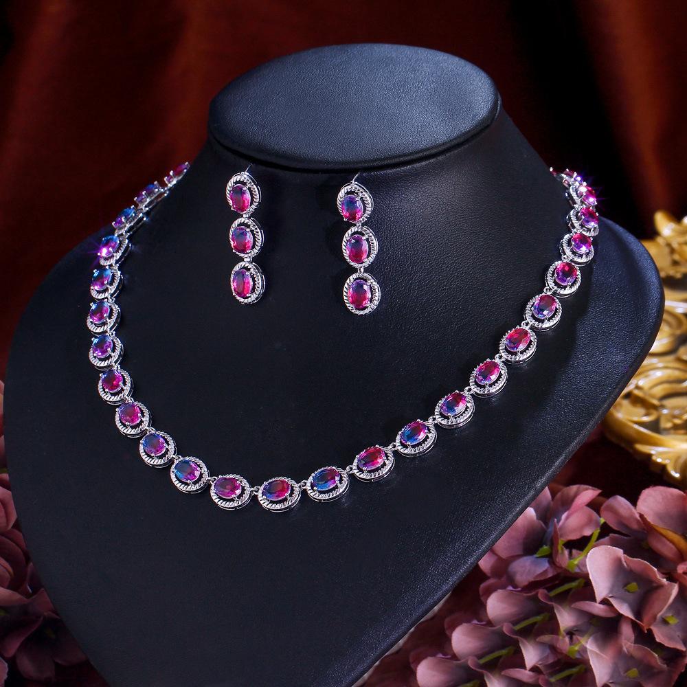 Jewelry Watermelon Tourmaline Wedding Dress Temperament Set Chain Gradual Change Color Stone Earrings Necklace Two Sets