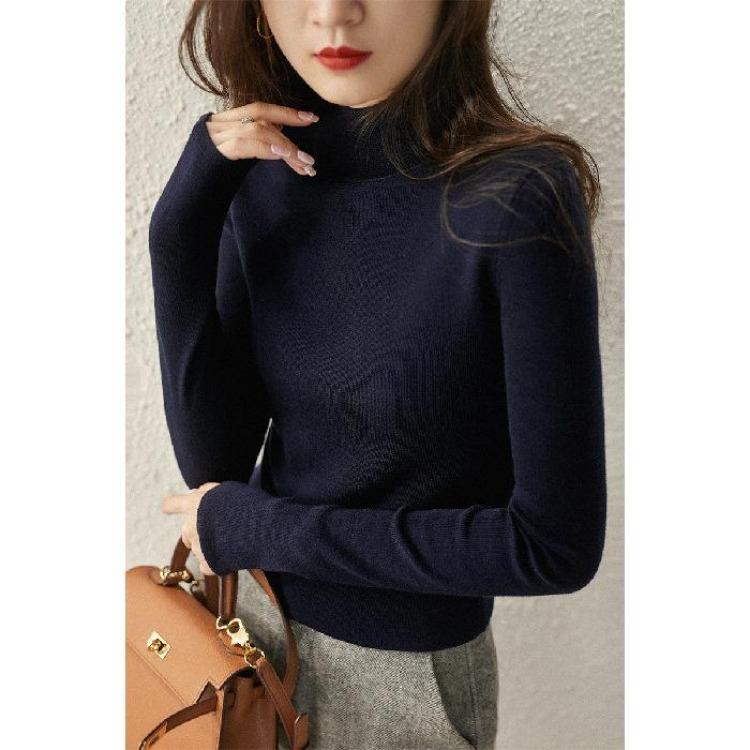 Women's Sweaters - Korean Style Large Size Womens Half Turtleneck Knitted Sweater Long Sleeve Autumn Winter Solid Color Tops T Shirt Bottoming Shirt