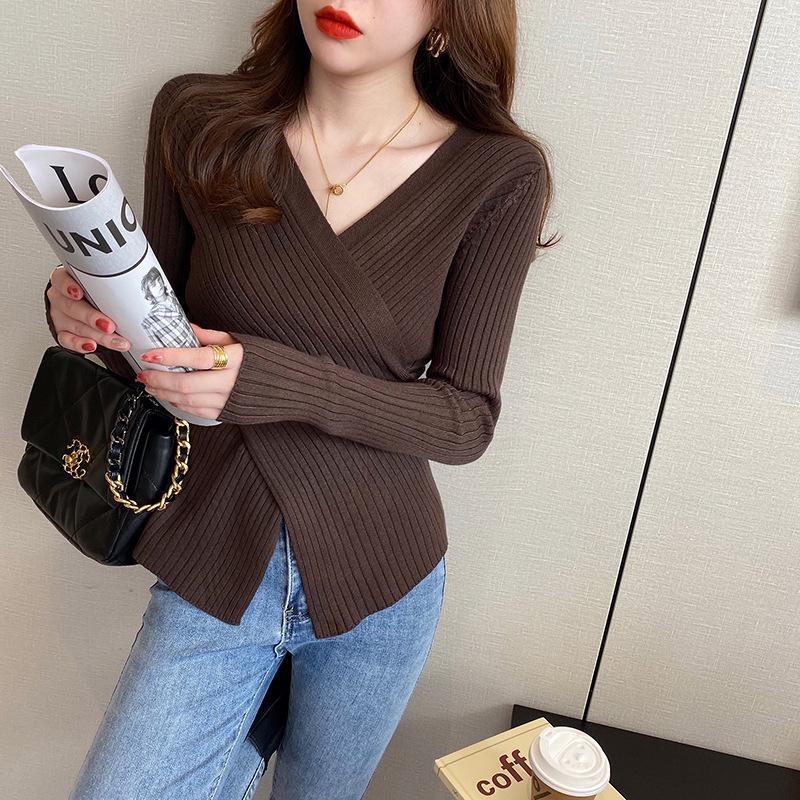 Women's V Neck Cross Wrap Knit Sweater Long Sleeve Slim Fitted Basic Knitwear Inner Top