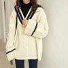 Womens Vintage Color Block V-neck Twist Knit Sweater Loose Fit Lazy Style Pullover Top Fall Winter