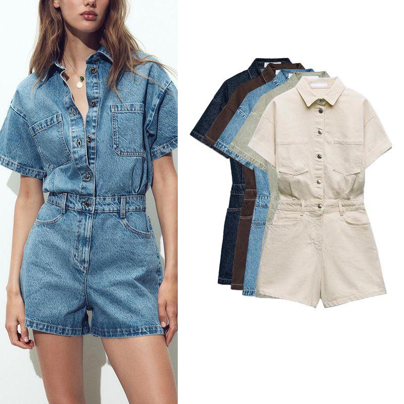 Summer New Women Clothes Western Style Lapel Short Sleeve Denim Short Jumpsuit 1879039 0108027