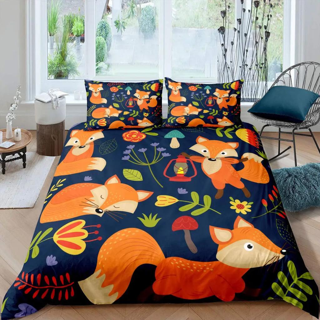 Comforter Cute Forest Animals Theme S King Size Fox Deer Rabbit Owl Hedgehog Flowers Comforter Set 2/3Pcs Bedding Set