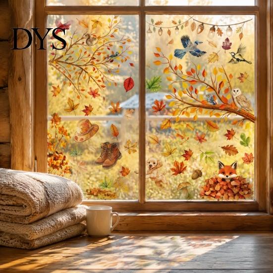 DIY Fall Party Window Ornaments 9PCS Thanksgiving Static Clings, Leaves Birds Cute Animals Easy Clean Film for Winter Glass Stickers, No-Adhesive
