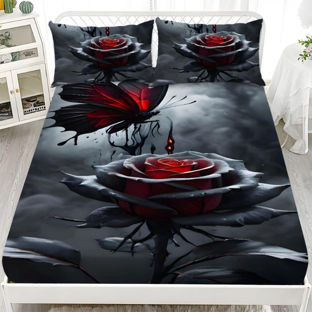 1pc Grey Fitted Sheet Red Rose Flowers Butterfly Print 100% Polyester Cover Breathable Bedding Set Home Decor Without Pillowcase