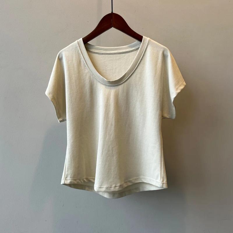 Women Summer White V Neck Dolman Sleeve Curved Hem T Shirt