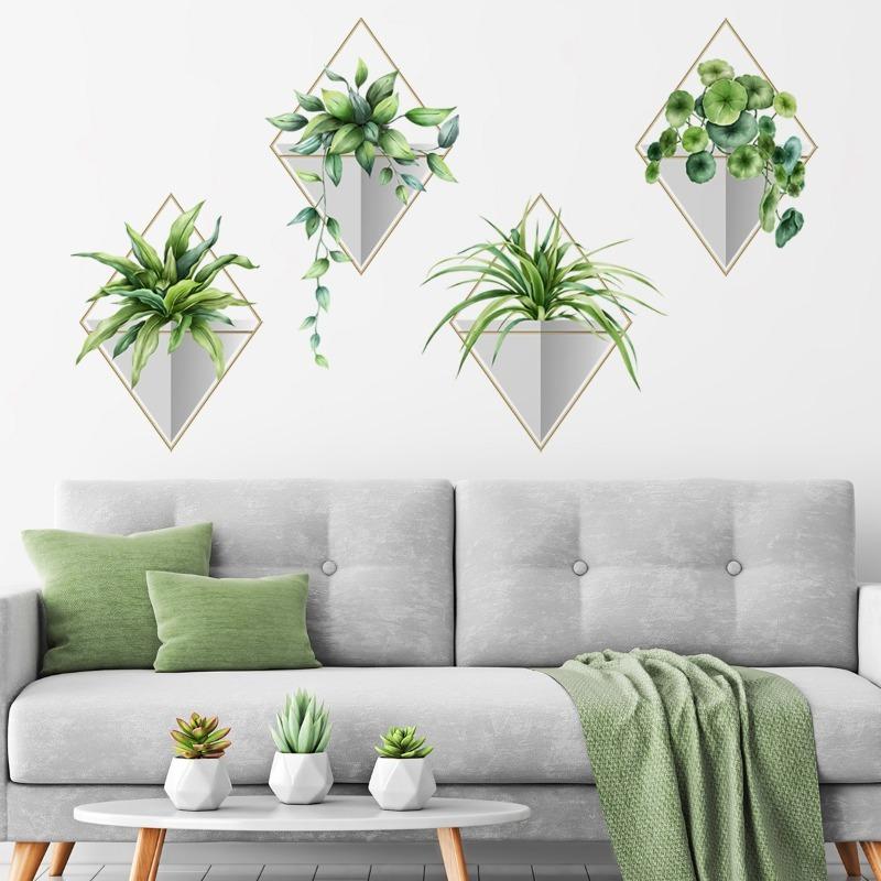 Adesivi Murali Bonsai in Vinile 3D Pianta Verde Tropicale Carta da Parati Rosa Tulipano Adesivo Murale Piastrella Moderna per Decorazione Stanza di Casa