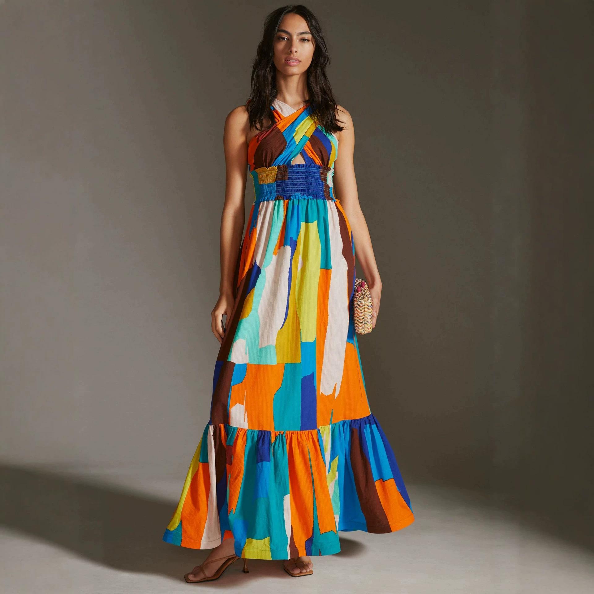 European and American style abstract color block printing neck dress women s waist and backless design holiday style temperament long dress XS