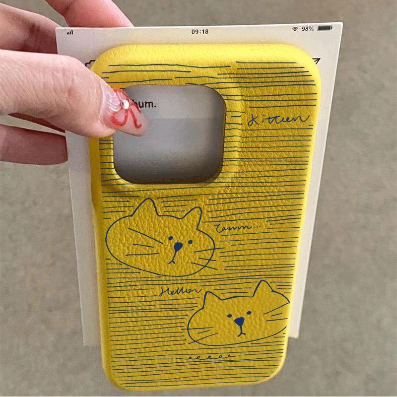 Blue Line Cat for Apple 16pro Mobile Phone Case 15proma X Soft Glue 13p Imitation Leather 12pro Cartoon