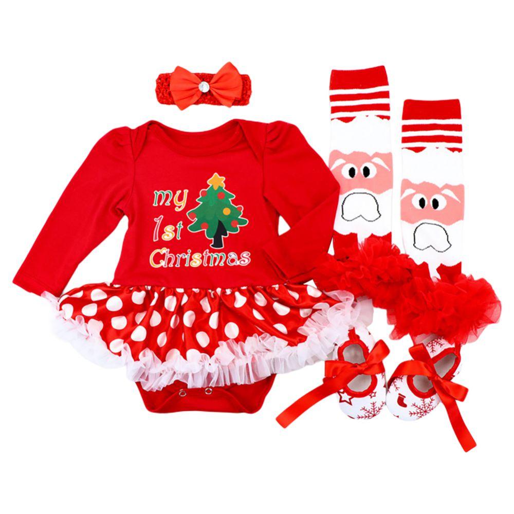 

Рождественская одежда для маленьких девочек, костюм из 4 предметов, комбинезон для новорожденных, платье-пачка, повязка на голову, гетры, обувь, одежда для малышей