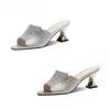 French light luxury banquet rhinestone high heel one-word drag girl 2025 summer new sexy fish mouth thick heel wear cool slippers