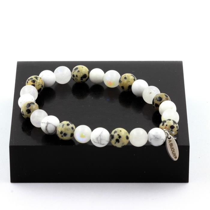 Bracelet Perles Howlite + Jaspe Dalmatien + Pierre de lune 8 mm - ABIJOUX - Fabriqué en France