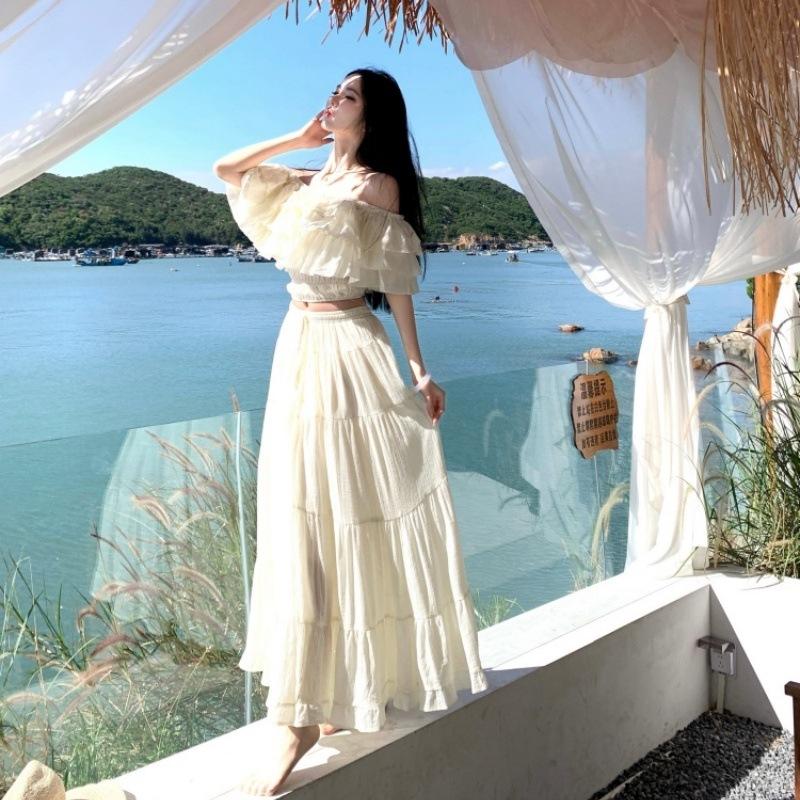 Bali Thailand travel vacation photo French one-word collar rough edge design top + large swing skirt two-piece set
