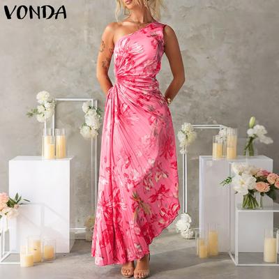 Damen Ein Schulter Ärmellos Gedrehte Taille Blumendruck Unregelmäßiges Urlaubs-Kleid