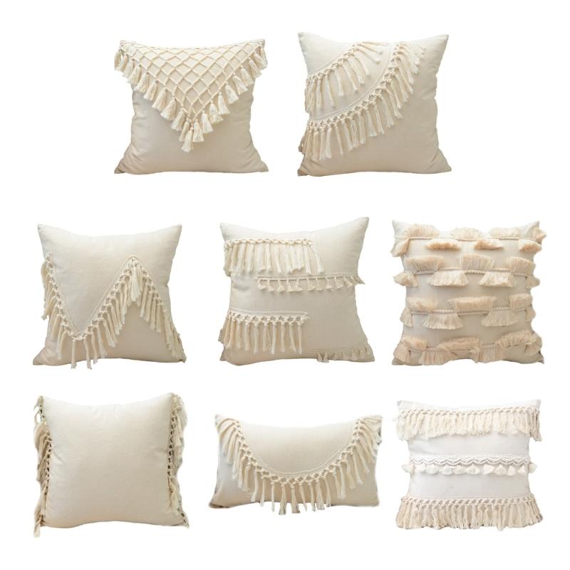 Soft Cotton-ramie Pillow Covers, European Style With Tassels Cushion Cover Shell for Sofa Bedroom Cream Beige Stylish