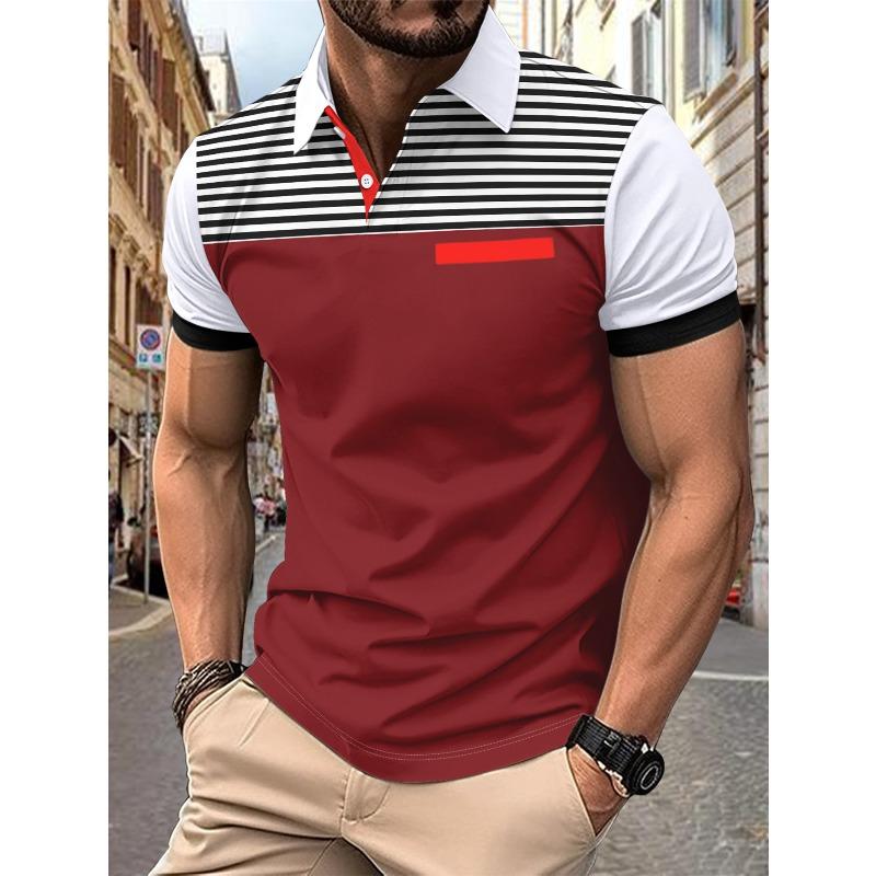 Men’s summer casual printed striped short-sleeved polo shirt with faux pockets and a lapel