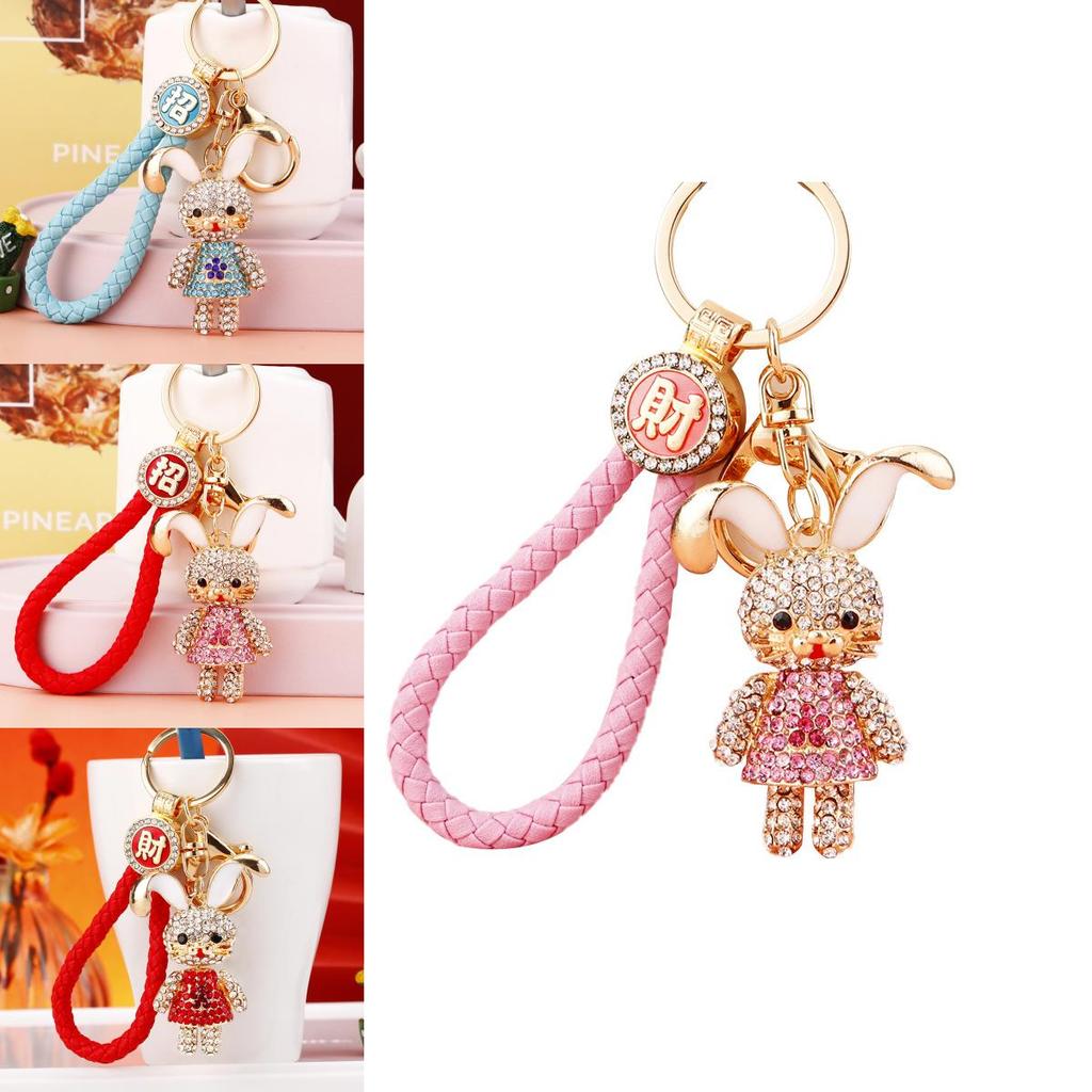 Cute Creative Metal Rabbit Keychain With Rhinestone Flower Dress For Women Gifts