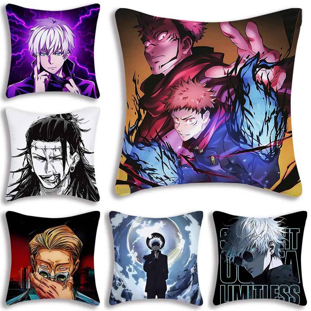 Hot Anime Jujutsu Kaisen Pillow Covers Cartoon Sofa Decorative Home Double-Sided Printing Short Plush Cute Cushion Cover