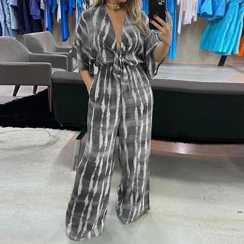 2025 Women's European & American V-Neck Tie-Up Jumpsuit - Sexy Loose Autumn Wear, 3/4 Sleeves.