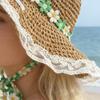 Straw Hat Wide Brim Embroidery Lace Splicing Beach Hat Embroidered Floral Adjustable Chin Strap Summer Sun Protection Hat