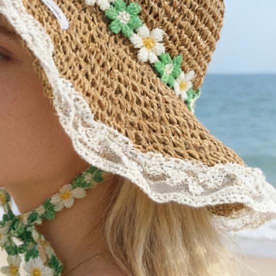 Straw Hat Wide Brim Embroidery Lace Splicing Beach Hat Embroidered Floral Adjustable Chin Strap Summer Sun Protection Hat