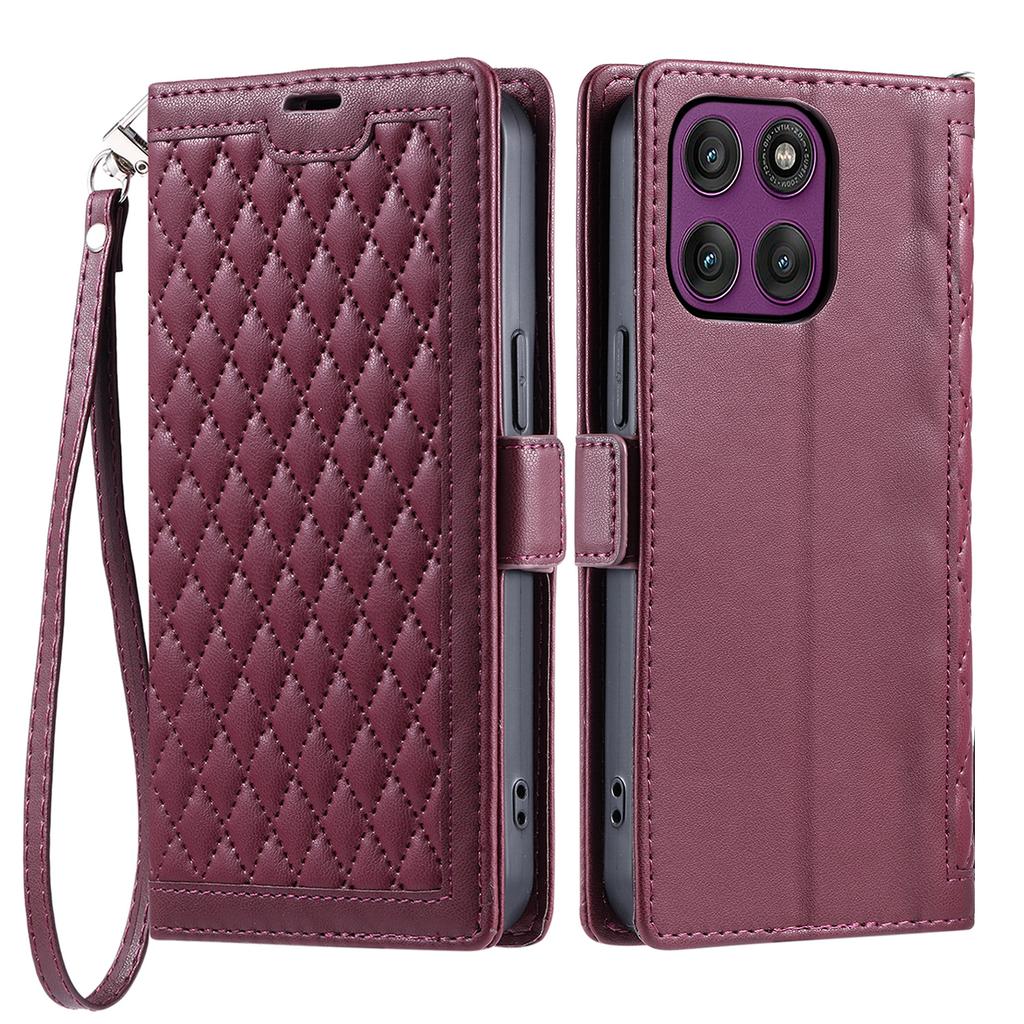 For Motorola Moto G56 5G Leather Case Rhombus Texture Wallet Stand Phone Cover with Wrist Strap