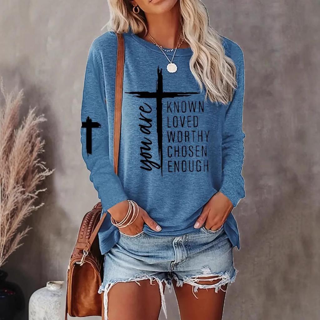 Cross Letter Printed Long Sleeved T-shirts for Women's Casual Multi-color Top