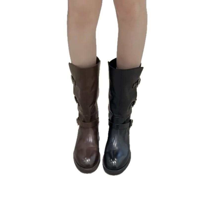 Sheepskin version~ Retro thick-heeled medium boots for women wear folded leather boots, thin knight boots, belt buckle short boots