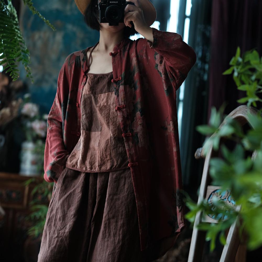 Johnature Vintage Women Red Print Floral Long Shirts Button Stand Long Sleeve Blouses Autumn Chinese Style Shirt