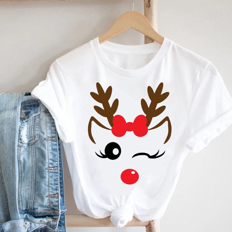 Cartoon Rudolph Reindeer Snowflake Print T Shirt Women Merry Christmas Holiday Short Sleeve Top