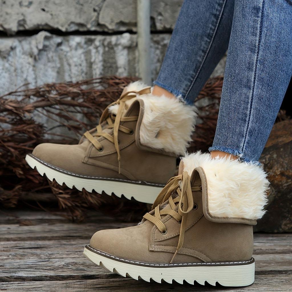 Women's Velvet Short Boots - Lace Up Round Head Flat Bottom Ankle Boots, Non Slip Outsole and Soft Inner Lining, Mid Barrel Style, Durable Grip Floor
