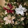Glitter Powder Artificial Poinsettia Pick with Stem Fake Flower Ornament  Home Wedding