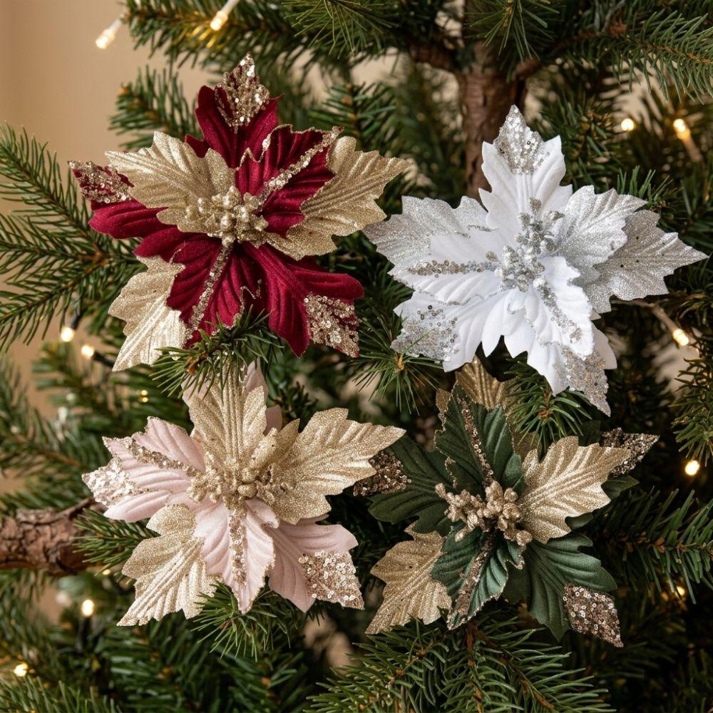 Glitter Powder Artificial Poinsettia Pick with Stem Fake Flower Ornament Home Wedding