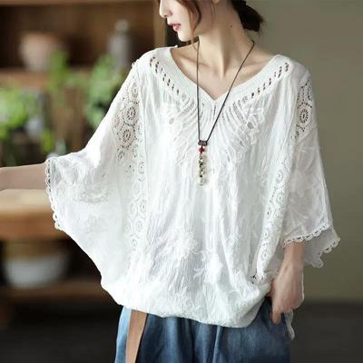 Spring Autumn Women Top Casual Pullovers Hollow Out Lace Embroidery V-neck Top Women's Loose Large Sunscreen Blouse