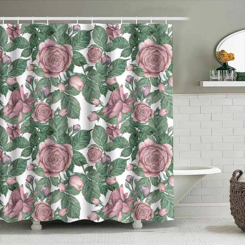 Elegant Green Leaves Rose Print Shower Curtain Waterproof Bathroom Decoration Home Decor Pink 72X84 Inch