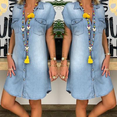 Robe de soirée en jean décontractée à col rabattu pour femme, sans manches