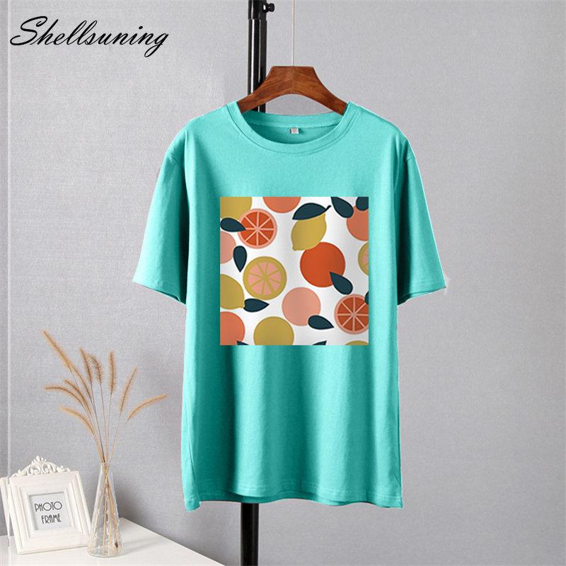 Shellsuning Casaul Kawaii Fruit Printed T Shirt Women Loose O Neck Short Sleeve Base Tees Female Simple Cotton Trendy White Tops