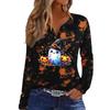 Women's Casual Halloween Print V-Neck Long Sleeve T-Shirt with Decorative Buttons