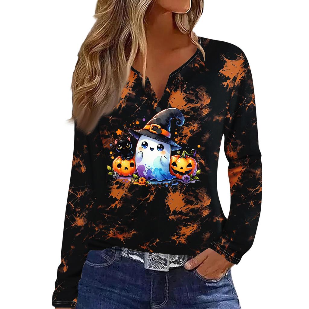 Women's Casual Halloween Print V-Neck Long Sleeve T-Shirt with Decorative Buttons