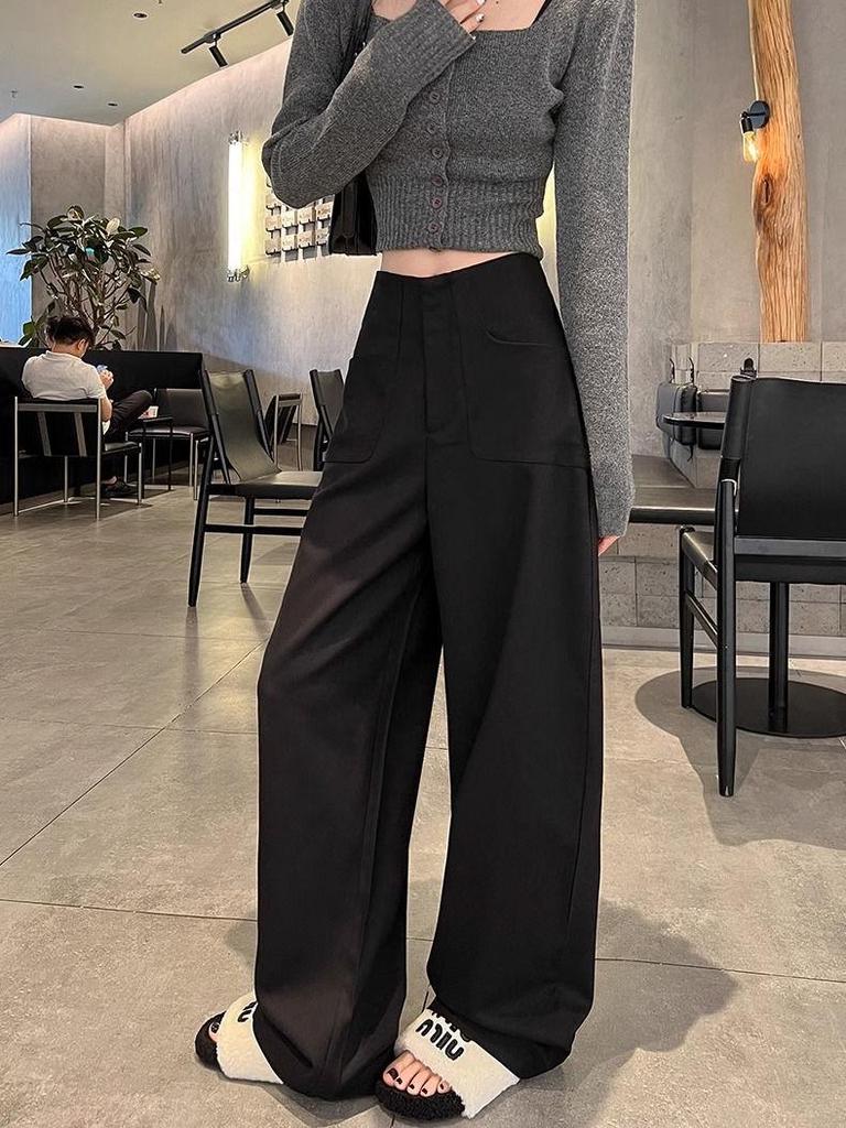 Gray High-Waisted Wide-Leg Suit Pants for Women - Autumn/Winter Casual Drapey Slimming Floor-Length Pants